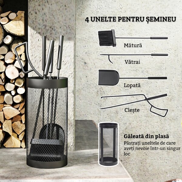 Outsunny Set Accesorii Șemineu 5 Piese Metal cu Coș Mătură Lopată Clești Negru | Aosom Romania