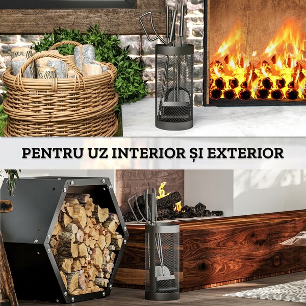 Outsunny Set Accesorii Șemineu 5 Piese Metal cu Coș Mătură Lopată Clești Negru | Aosom Romania