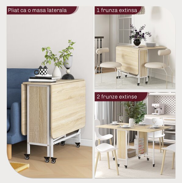 HOMCOM Masă Pliabilă pentru 4-6 Persoane, Masă cu Spațiu Economic, Raft și 6 Roți, 130x80x74 cm, Lemn Natural | Aosom Romania