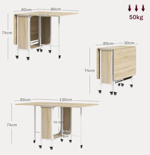 HOMCOM Masă Pliabilă pentru 4-6 Persoane, Masă cu Spațiu Economic, Raft și 6 Roți, 130x80x74 cm, Lemn Natural | Aosom Romania