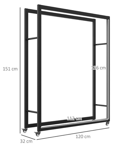 Outsunny Suport Portabil pentru Lemne cu Roți, Suport pentru Lemne din Metal Ranforsat, 120x32x151 cm, Negru | Aosom Romania