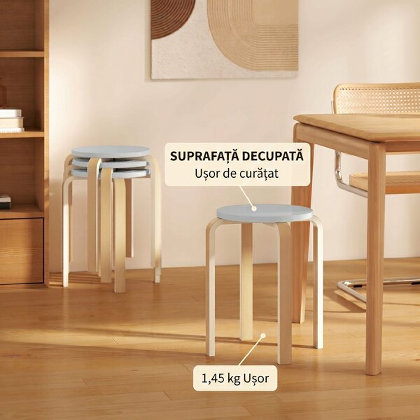 HOMCOM Set de Scaune Stivuibile pentru 4 Persoane, Scaune Moderne de Stivuire, Scaune Rotunde fără Spate, 40x40x45 cm, Lemn Natural | Aosom Romania