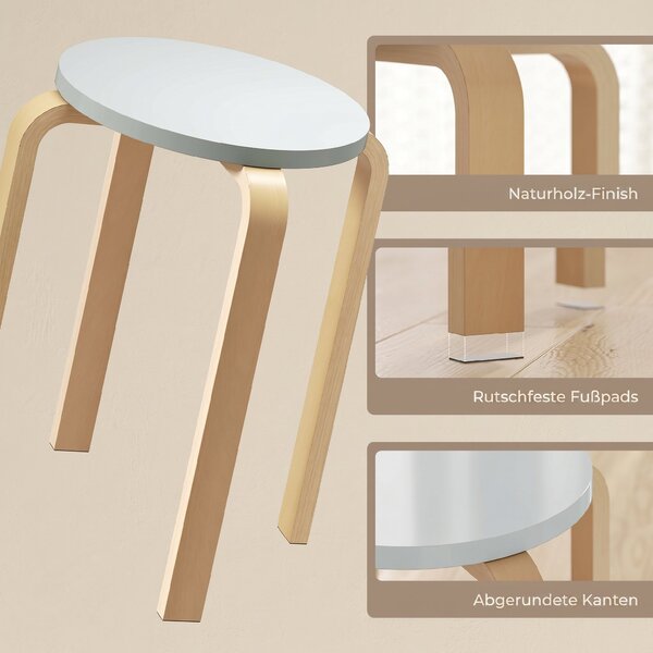 HOMCOM Set de Scaune Stivuibile pentru 4 Persoane, Scaune Moderne de Stivuire, Scaune Rotunde fără Spate, 40x40x45 cm, Lemn Natural | Aosom Romania