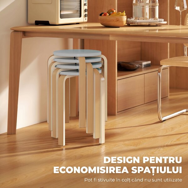 HOMCOM Set de Scaune Stivuibile pentru 4 Persoane, Scaune Moderne de Stivuire, Scaune Rotunde fără Spate, 40x40x45 cm, Lemn Natural | Aosom Romania