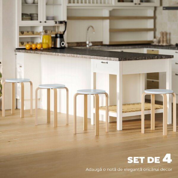 HOMCOM Set de Scaune Stivuibile pentru 4 Persoane, Scaune Moderne de Stivuire, Scaune Rotunde fără Spate, 40x40x45 cm, Lemn Natural | Aosom Romania