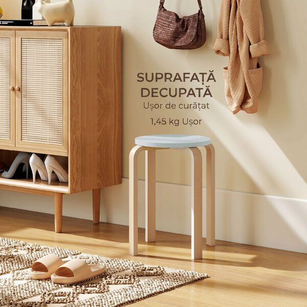 HOMCOM Set de Scaune Stivuibile pentru 4 Persoane, Scaune Moderne de Stivuire, Scaune Rotunde fără Spate, 40x40x45 cm, Lemn Natural | Aosom Romania