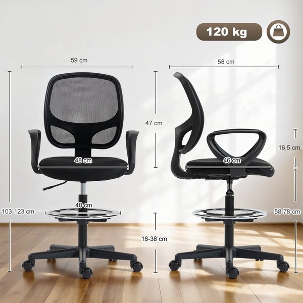 HOMCOM Scaun de Birou Ergonomic Rotativ din Plasă Respirabilă, cu Suport pentru Picioare și Înălțime Reglabilă, Negru | Aosom Romania