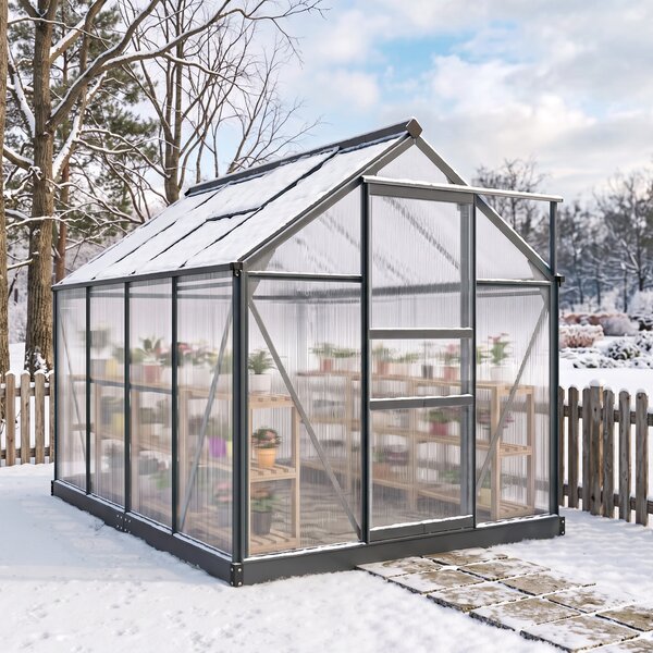Outsunny Seră de Grădină, Seră din Policarbonat și Aluminiu cu Ușă Culisantă, Ventilație pe Acoperiș și Jgheab, 190x192x201 cm, Gri | Aosom Romania