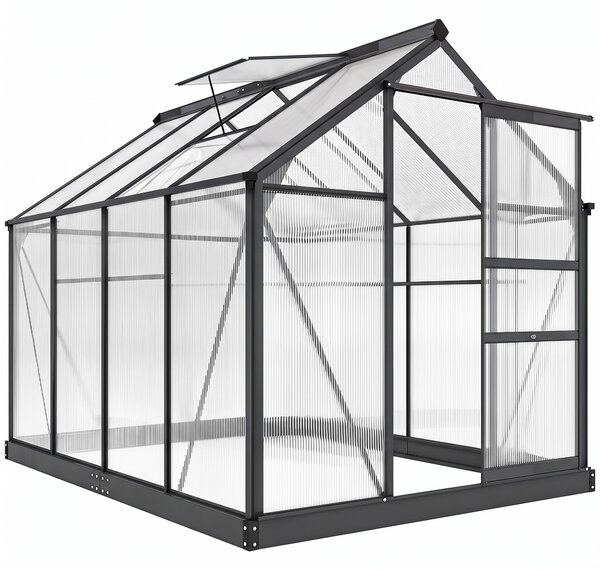 Outsunny Seră de Grădină, Seră din Policarbonat și Aluminiu cu Ușă Culisantă, Ventilație pe Acoperiș și Jgheab, 190x192x201 cm, Gri | Aosom Romania