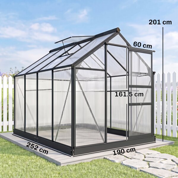 Outsunny Seră de Grădină, Seră din Policarbonat și Aluminiu cu Ușă Culisantă, Ventilație pe Acoperiș și Jgheab, 190x192x201 cm, Gri | Aosom Romania