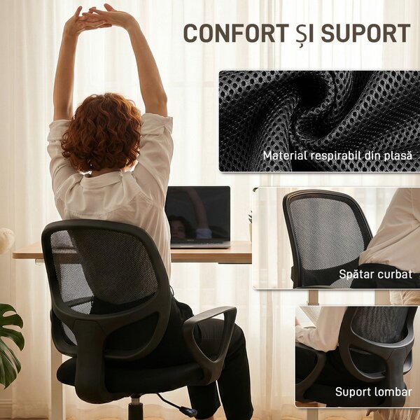 HOMCOM Scaun de Birou Ergonomic Rotativ din Plasă Respirabilă, cu Suport pentru Picioare și Înălțime Reglabilă, Negru | Aosom Romania