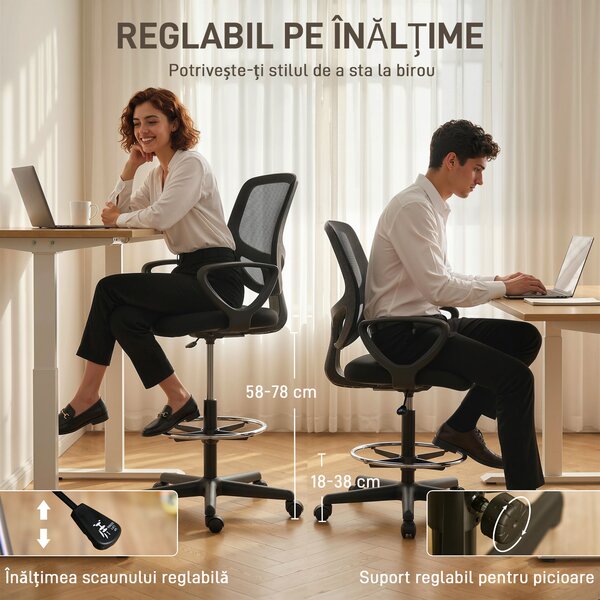 HOMCOM Scaun de Birou Ergonomic Rotativ din Plasă Respirabilă, cu Suport pentru Picioare și Înălțime Reglabilă, Negru | Aosom Romania