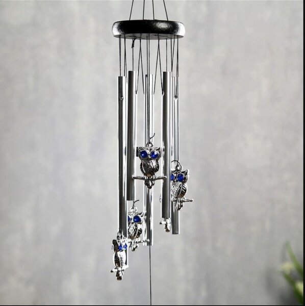 Clopotel de vant Pufo cu 5 tuburi sonore metalice pentru casa sau gradina, model Feng-Shui cu 6 bufnite