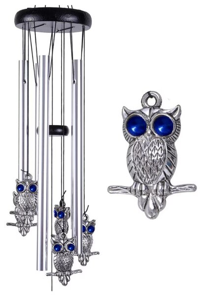 Clopotel de vant Pufo cu 5 tuburi sonore metalice pentru casa sau gradina, model Feng-Shui cu 6 bufnite
