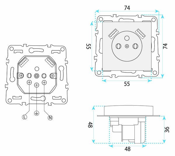 Priză simplă cu împământare + 2x USB-A OSTE JNH003-G White
