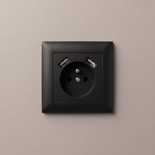 Priză simplă cu împământare + 2x USB-A OSTE JNH003-G Black