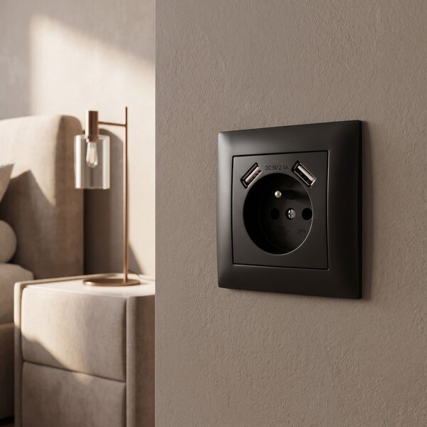 Priză simplă cu împământare + 2x USB-A OSTE JNH003-G Black