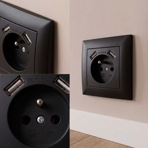 Priză simplă cu împământare + 2x USB-A OSTE JNH003-G Black