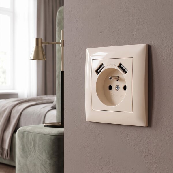 Priză simplă cu împământare + 2x USB-A OSTE JNH003-G Beige