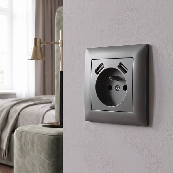 Priză simplă cu împământare + 2x USB-A OSTE JNH003-G Grey