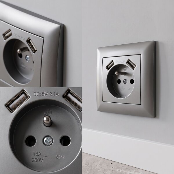 Priză simplă cu împământare + 2x USB-A OSTE JNH003-G Grey