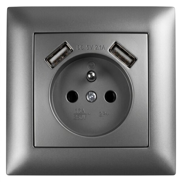 Priză simplă cu împământare + 2x USB-A OSTE JNH003-G Grey