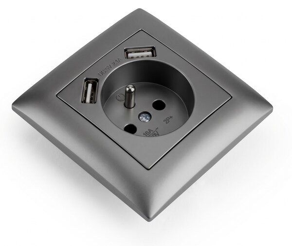 Priză simplă cu împământare + 2x USB-A OSTE JNH003-G Grey