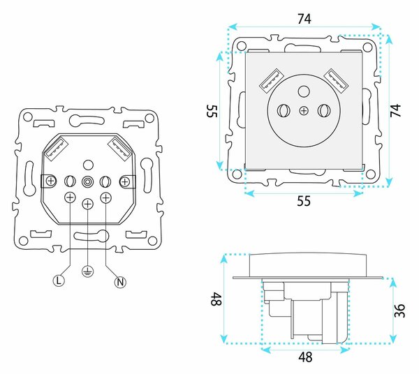 Priză simplă cu împământare + 2x USB-A OSTE JNH003-G Grey