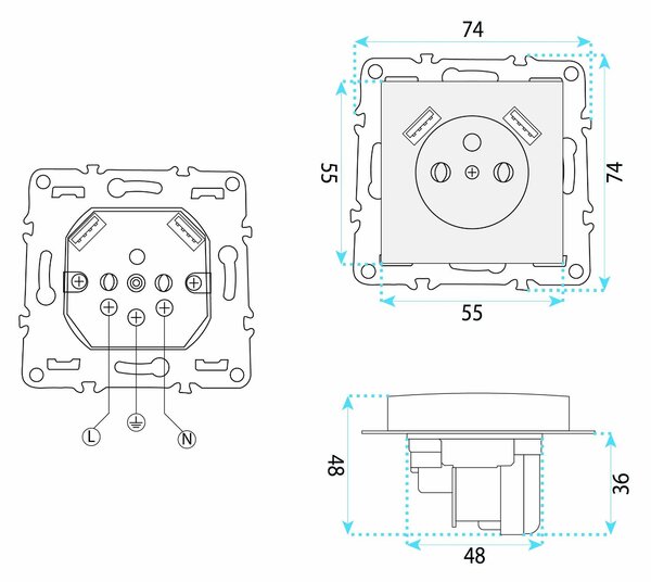 Priză simplă cu împământare + 2x USB-A OSTE JNH003-G Grey