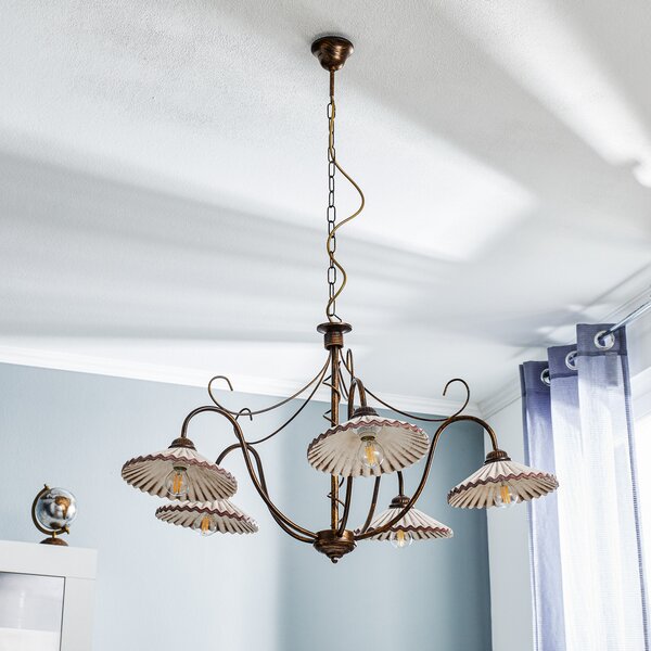 ONLI Lampă suspendată Rosina cu 5 becuri roz deschis/bronz, reglabil, Bronz / Alamă Veche, Camera de zi / sufragerie, Ceramică, Casă de țară / Rustic