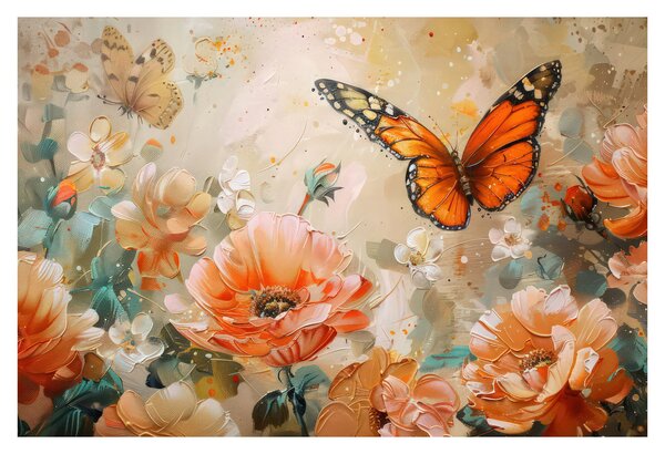 Tablou - Fluture și flori, pictură în ulei (90x60 cm)