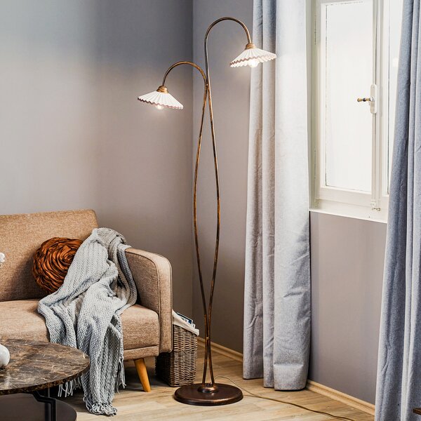 ONLI Lampadar Rosina cu două abajururi din ceramică, Bronz / Alamă Veche, Camera de zi / sufragerie, Ceramică, Casă de țară / Rustic, Proiector suspendat