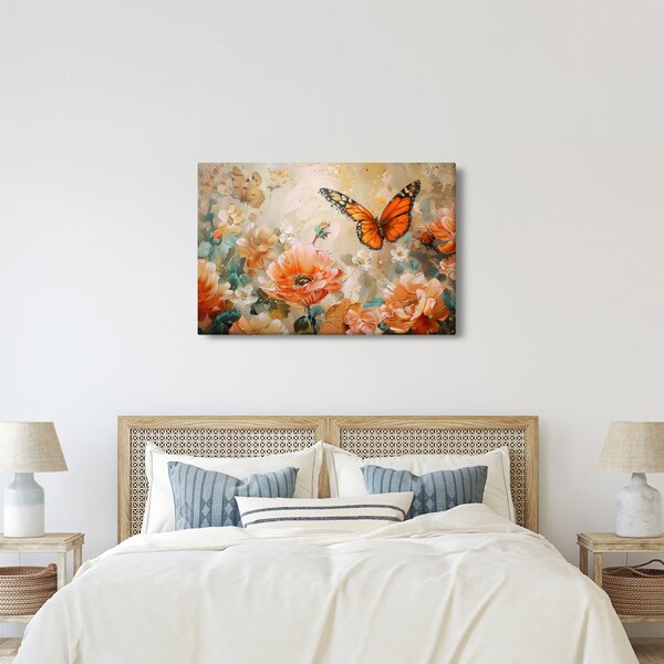 Tablou - Fluture și flori, pictură în ulei (90x60 cm)
