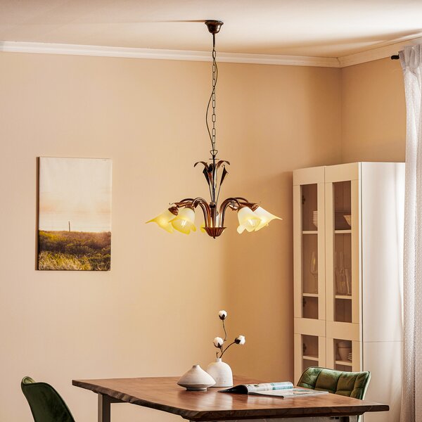 ONLI Lampă suspendată Lucrezia cu 5 becuri, bronz, reglabil, Bronz / Alamă Veche, Camera de zi / sufragerie, Metal, Casă de țară / Rustic