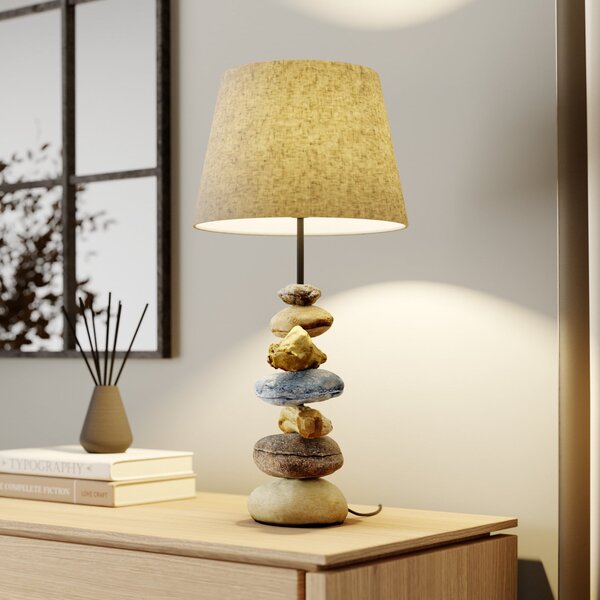 ONLI Lampa de masă Vera, abajur din țesătură și decor piatră, 55 cm, Gri, Camera de zi / sufragerie, Țesătură / Textil