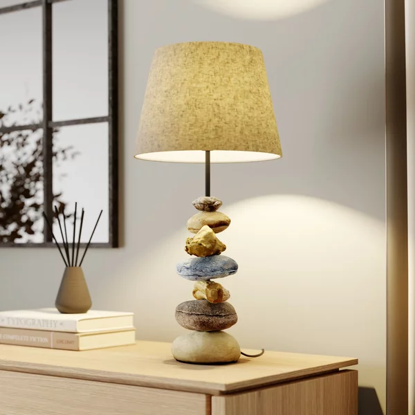ONLI Lampa de masă Vera, abajur din țesătură și decor piatră, 55 cm, Gri, Camera de zi / sufragerie, Țesătură / Textil