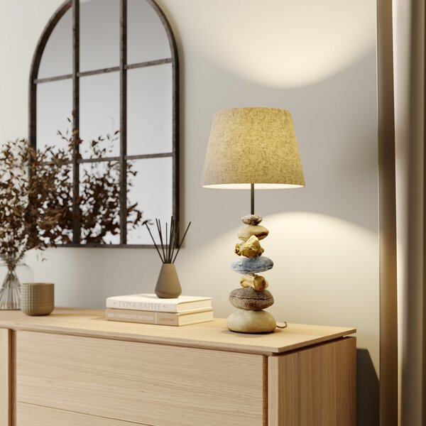 ONLI Lampa de masă Vera, abajur din țesătură și decor piatră, 55 cm, Gri, Camera de zi / sufragerie, Țesătură / Textil