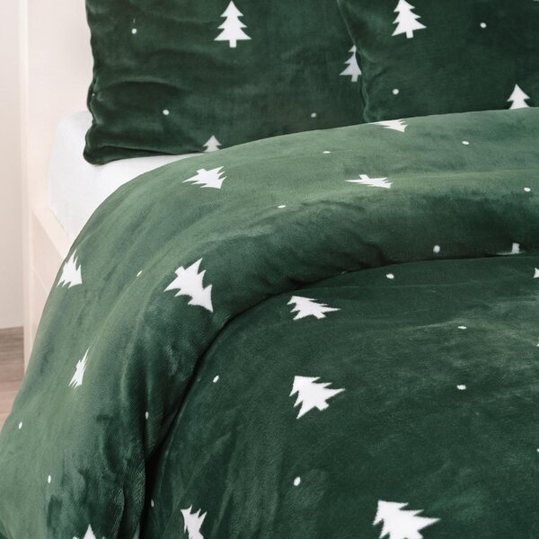 Goldea lenjerie de pat de crăciun din micropluș deluxe - brăduți albi pe verde închis 140 x 200 și 70 x 90 cm