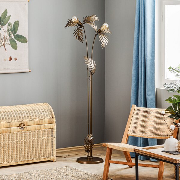 ONLI Lampadar Dubai cu aspect de frunze, 2 becuri, bronz, Bronz / Alamă Veche, Camera de zi / sufragerie, Metal