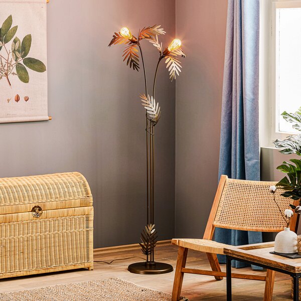 ONLI Lampadar Dubai cu aspect de frunze, 2 becuri, bronz, Bronz / Alamă Veche, Camera de zi / sufragerie, Metal