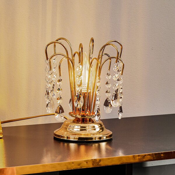ONLI Lampa de masă Pioggia cu ploaie cristal, 26 cm, auriu, Auriu / Alamă, Camera de zi / sufragerie, Metal, Modern