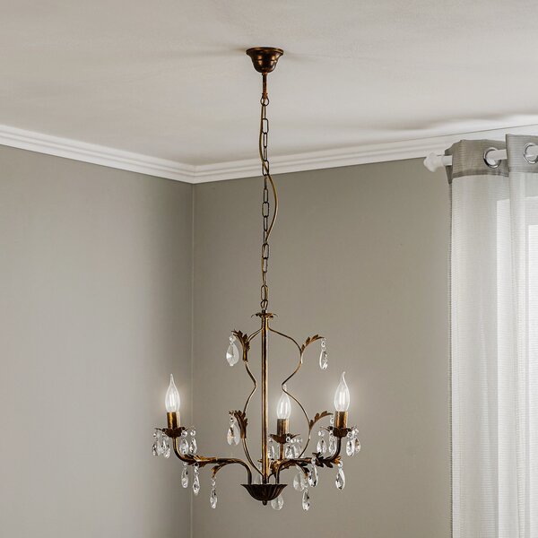 ONLI Candelabru Teresa cu cristale, 3 becuri, reglabil, Bronz / Alamă Veche, Camera de zi / sufragerie, Metal, Antichitate