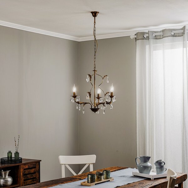 ONLI Candelabru Teresa cu cristale, 3 becuri, reglabil, Bronz / Alamă Veche, Camera de zi / sufragerie, Metal, Antichitate