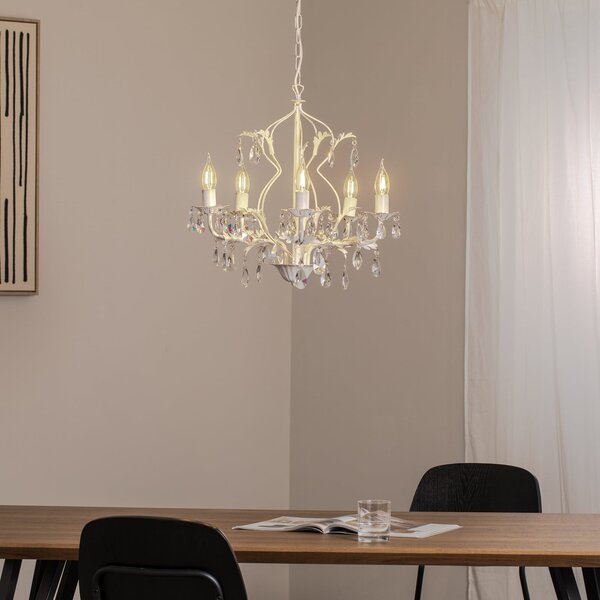 ONLI Candelabru de cristal Teresa, fildeș 5 becuri, reglabil, Alb, Camera de zi / sufragerie, Metal, Antichitate