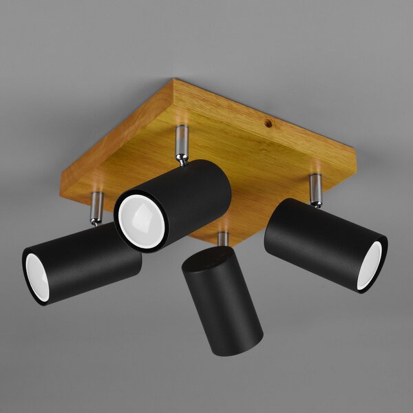 Trio Lighting Spot de plafon Marley, negru mat, 4 becuri, reglabil, Lemn, Camera de zi / sufragerie, Metal, Modern