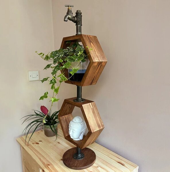 Stand pentru ghivece in stil industrial, Changchun, 32x100x20 cm, nuc/negru