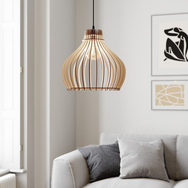 TEMAR LIGHTING Lampă suspendată Barrel 1 bec, Ø 38 cm, reglabil, Lemn, Camera de zi / sufragerie, Lemn, Casă de țară / Rustic