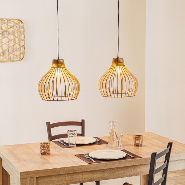 TEMAR LIGHTING Lampă suspendată Barrel cu 2 becuri, reglabil, Lemn, Camera de zi / sufragerie, Lemn, Casă de țară / Rustic