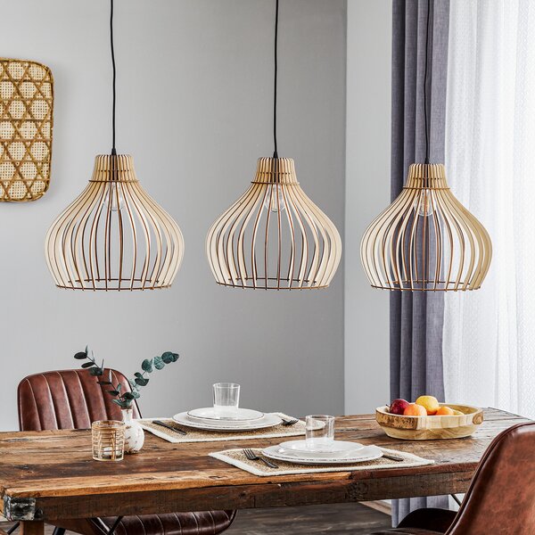 TEMAR LIGHTING Lampă suspendată Barrel cu abajururi din lemn, 3 becuri lungă, reglabil, Lemn, Camera de zi / sufragerie, Lemn, Casă de țară / Rustic