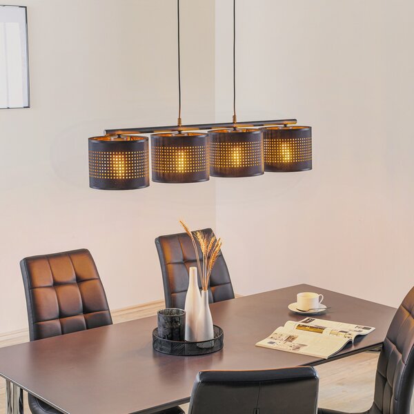 TK Lighting Lampă suspendată Tago, 4 becuri, negru/auriu, reglabil, Negru, Camera de zi / sufragerie, Metal, Modern
